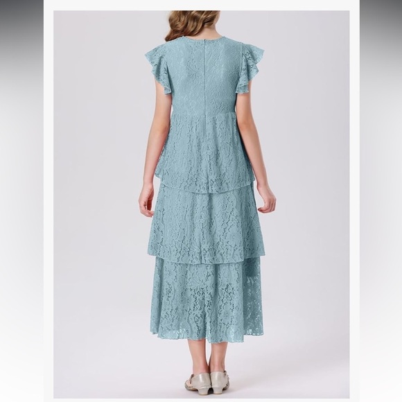 Girls Lace Maxi, Ruffle Sleeve Crewneck Tiered A-Line Swing Wedding Party Dress - Picture 4 of 7